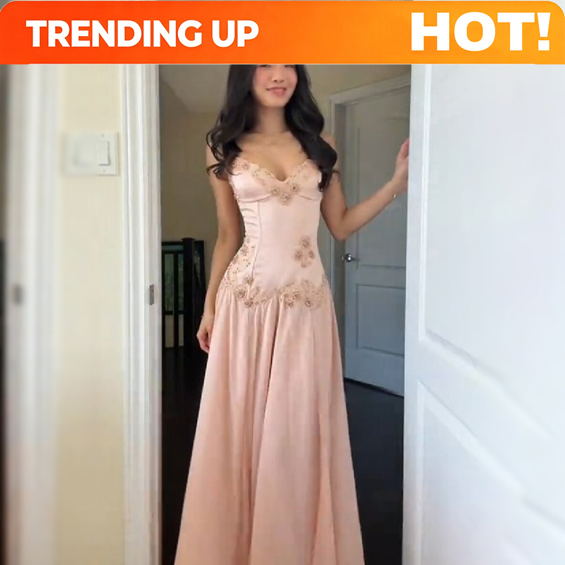 Female Formal Wear - Elegant V-Neck Pink Strapless Maxi Dress